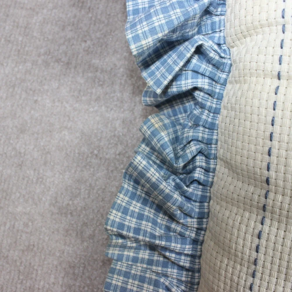 Vintage Handmade Cross Stitch Throw Pillow Blue Gingham Ruffle Country Farmhouse